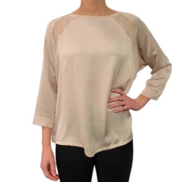 MNG Mango Elegant Beige Blouse Semi-Sheer‎ Raglan Sleeves Party Cocktail Top - Picture 1 of 8